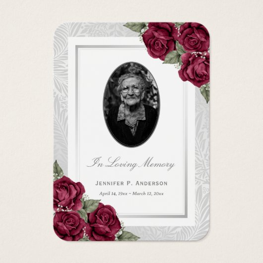 Burgundy Red Floral Foto Funeral Prayer Kaart (Voorkant)