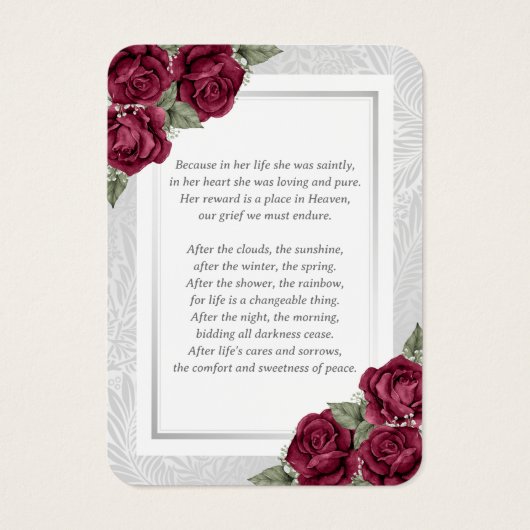 Burgundy Red Floral Foto Funeral Prayer Kaart (Achterkant)