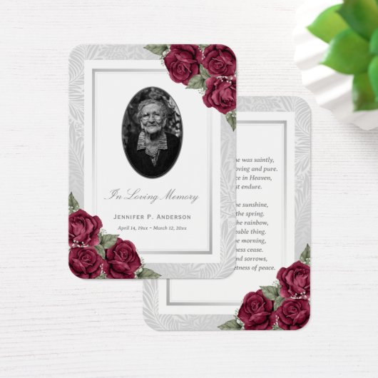 Burgundy Red Floral Foto Funeral Prayer Kaart (Bureau)