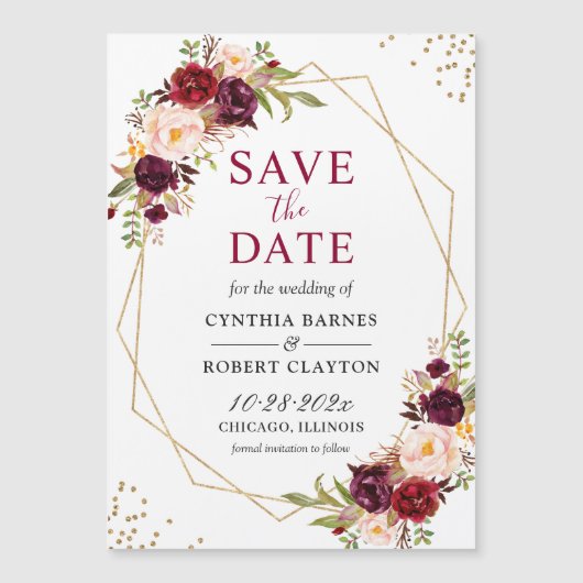 Burgundy Red Floral Geometric Save the Date Magnet (Voorkant)