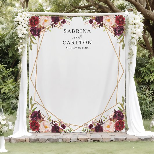 Burgundy Red Floral Geometric Wedding Backdrop Wandkleed