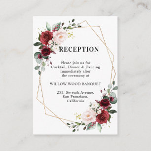 Burgundy Red Floral Geometric Wedding Reception Informatiekaartje