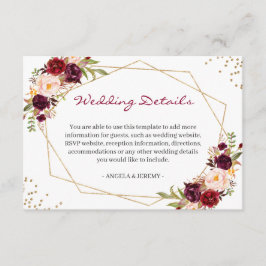 Burgundy Red Floral Gold Geometric Weddenschap Det Informatiekaartje