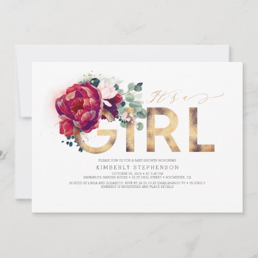 Burgundy Red Floral Gold Glitter Baby shower Kaart (Voorkant)