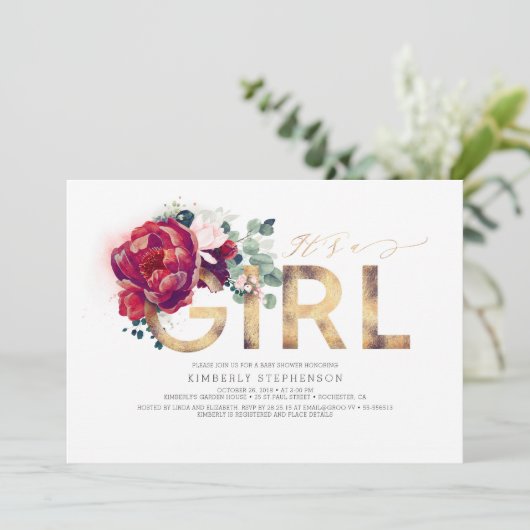 Burgundy Red Floral Gold Glitter Baby shower Kaart (Staand voorkant)