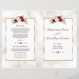 Burgundy Red Floral Gold Marble Wedding Programme
