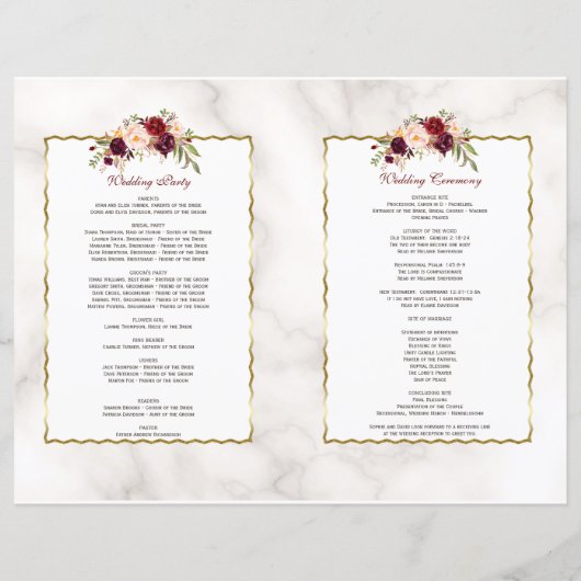 Burgundy Red Floral Gold Marble Wedding Programme (Achterkant)