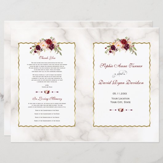 Burgundy Red Floral Gold Marble Wedding Programme (Voorkant / Achterkant)