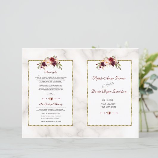 Burgundy Red Floral Gold Marble Wedding Programme (Staand voorkant)