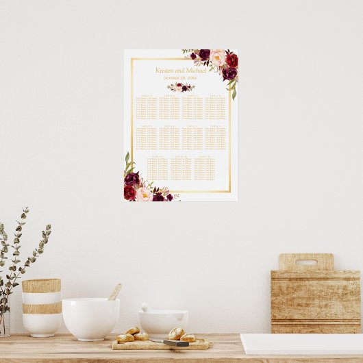 Burgundy Red Floral Gold Wedding Seating Chart Poster (Keuken)