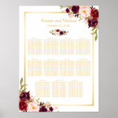 Burgundy Red Floral Gold Wedding Seating Chart Poster (Voorkant)