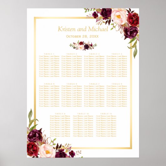 Burgundy Red Floral Gold Wedding Seating Chart Poster (Voorkant)