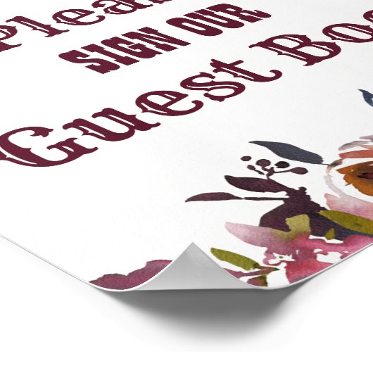 Burgundy Red Floral Guest Book Wedding Sign Poster (Hoek)