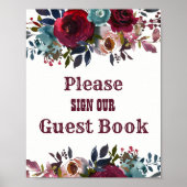 Burgundy Red Floral Guest Book Wedding Sign Poster (Voorkant)