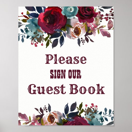 Burgundy Red Floral Guest Book Wedding Sign Poster (Voorkant)