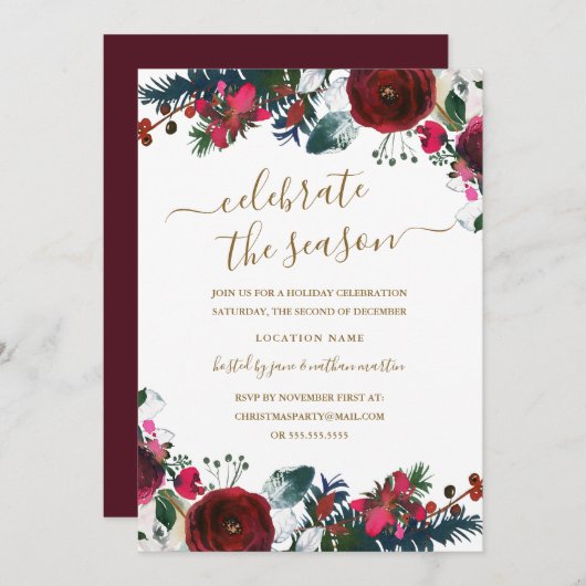 Burgundy Red Floral kerstfeest Kaart (Voorkant / Achterkant)