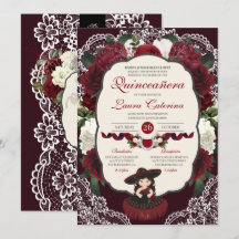 Burgundy Red Floral Lace Charro Quinceanera