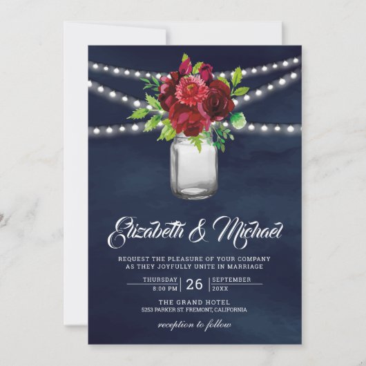 Burgundy Red Floral Mason Jar Navy Blue Weddenscha Kaart (Voorkant)