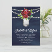 Burgundy Red Floral Mason Jar Navy Blue Weddenscha Kaart (Staand voorkant)