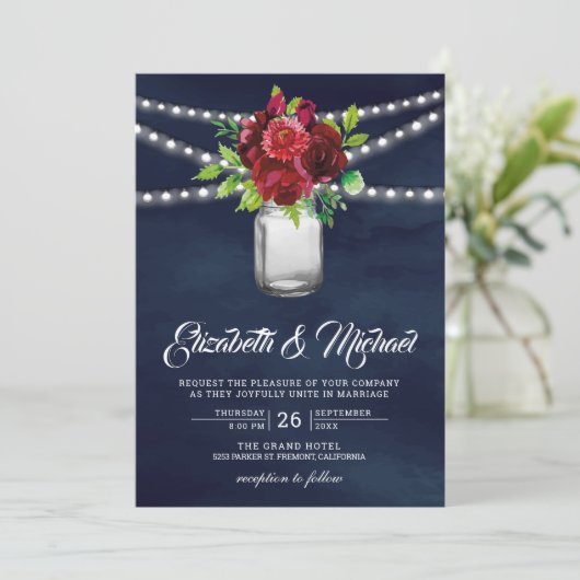 Burgundy Red Floral Mason Jar Navy Blue Weddenscha Kaart (Staand voorkant)