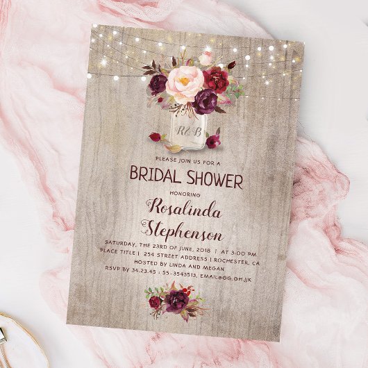 Burgundy Red Floral Mason Jar Rustic Vrijgezellenf Kaart