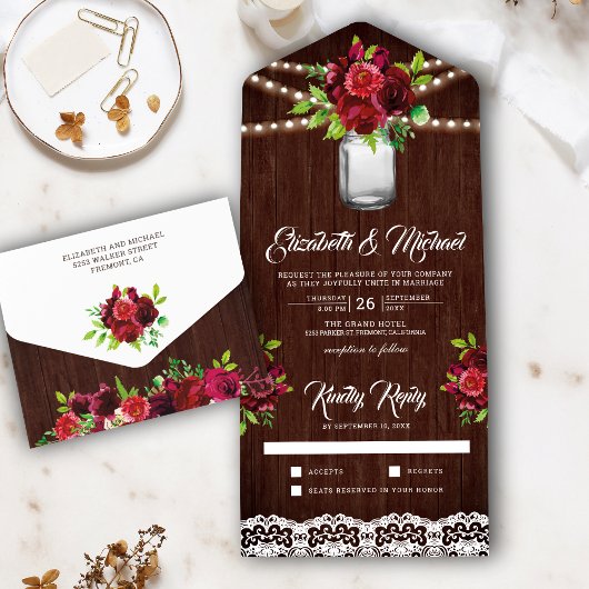 Burgundy Red Floral Mason Jar Rustic Wood Weddensc All In One Uitnodiging