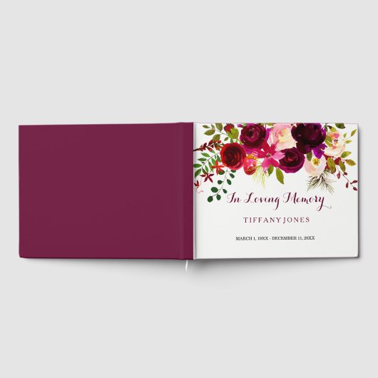 Burgundy Red Floral Memorial Service Funeral Wake Gastenboek (Volledig)