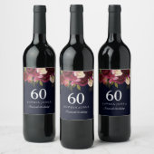Burgundy Red Floral Navy 60th Birthday Party Wijn Etiket (Flessen)