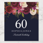 Burgundy Red Floral Navy 60th Birthday Party Wijn Etiket (Enkel label)