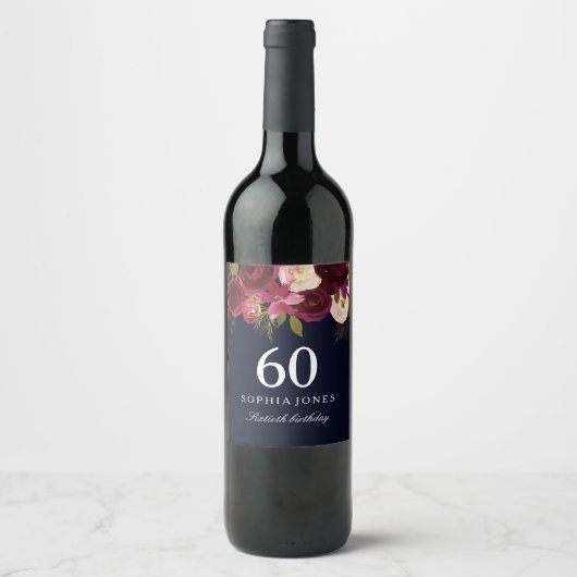 Burgundy Red Floral Navy 60th Birthday Party Wijn Etiket (Voorkant)