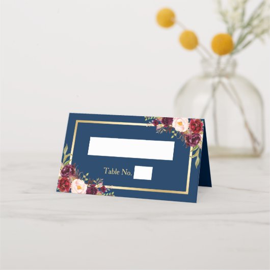Burgundy Red Floral Navy Blue Gold Lijst Weddensch Plaatskaartje (Voorkant)