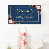 Burgundy Red Floral Navy Blue Gold Wedding Party Spandoek (Insitu)