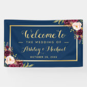 Burgundy Red Floral Navy Blue Gold Wedding Party Spandoek (Horizontaal)
