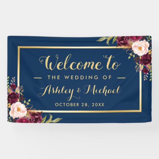 Burgundy Red Floral Navy Blue Gold Wedding Party Spandoek (Horizontaal)