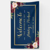Burgundy Red Floral Navy Blue Gold Wedding Party Spandoek (Verticaal)