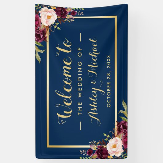 Burgundy Red Floral Navy Blue Gold Wedding Party Spandoek (Verticaal)
