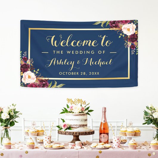Burgundy Red Floral Navy Blue Gold Wedding Party Spandoek