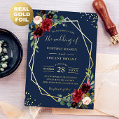 Burgundy Red Floral Navy Blue Premium Gold Weddens Folie Uitnodiging