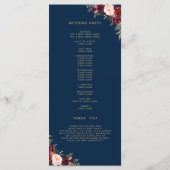 Burgundy Red Floral Navy Blue Script Weduwschap me Programmakaart (Achterkant)