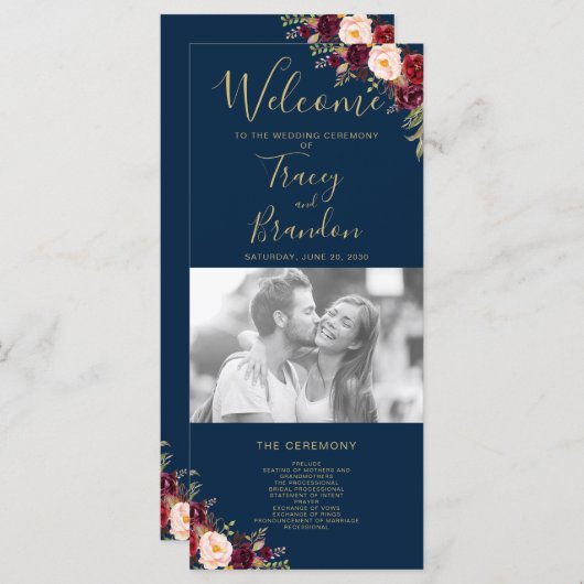 Burgundy Red Floral Navy Blue Script Weduwschap me Programmakaart (Voorkant / Achterkant)