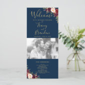 Burgundy Red Floral Navy Blue Script Weduwschap me Programmakaart (Staand voorkant)