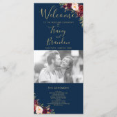 Burgundy Red Floral Navy Blue Script Weduwschap me Programmakaart (Voorkant)