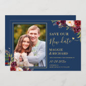 Burgundy Red Floral Navy Blue Weddenschap uitgeste Save The Date (Voorkant / Achterkant)