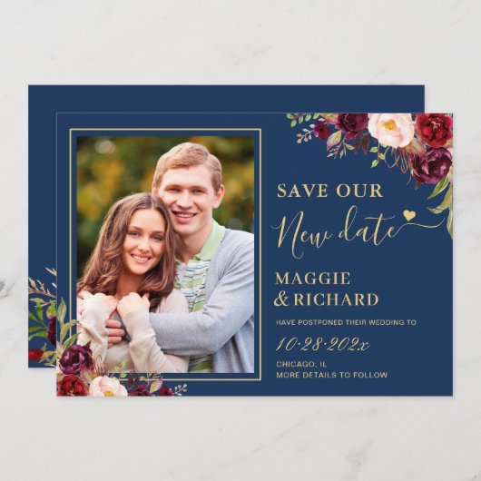 Burgundy Red Floral Navy Blue Weddenschap uitgeste Save The Date (Voorkant / Achterkant)