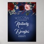 Burgundy Red Floral Navy Blue Wedding Welcome Sign Poster (Voorkant)