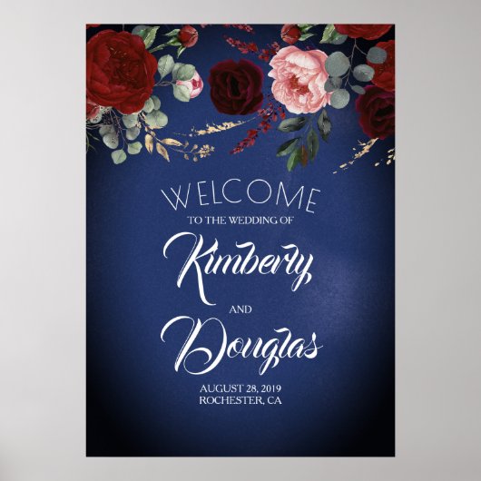 Burgundy Red Floral Navy Blue Wedding Welcome Sign Poster (Voorkant)