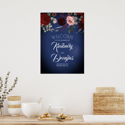 Burgundy Red Floral Navy Blue Wedding Welcome Sign Poster (Keuken)