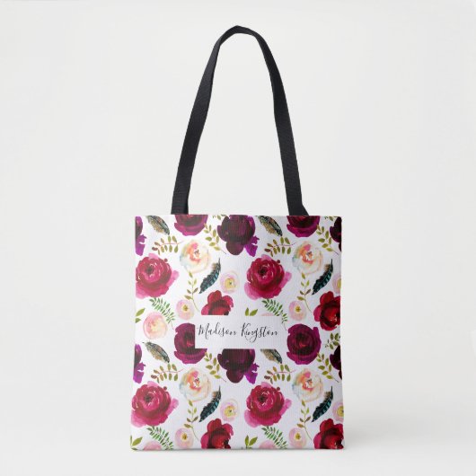 Burgundy Red Floral Pink Boho Womans Tote Bag (Voorkant)
