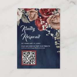 Burgundy Red Floral QR Code RSVP Navy Blue Wedding Informatiekaartje