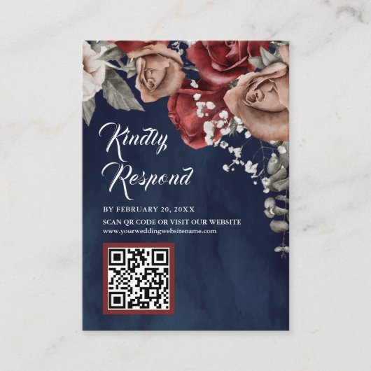 Burgundy Red Floral QR Code RSVP Navy Blue Wedding Informatiekaartje (Voorkant)